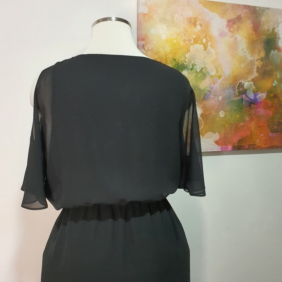 Portmans Size 14 Black Cold Shoulder V Neck Elasticated Waist Dress - Picture 7 of 11